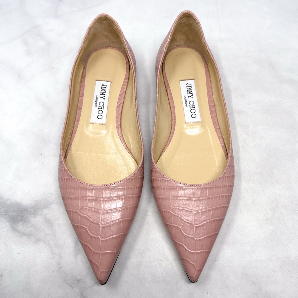 Jimmy Choo Love Croc Embossed Leather Pointed Toe Ballet Flat Shoe Blush Pink 38